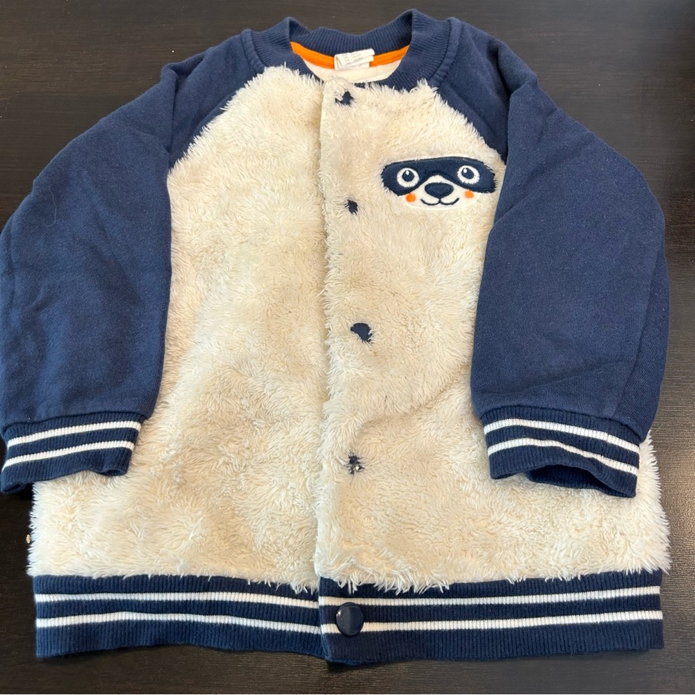 H&M Teddy Bear Furry Varsity Jacket Cream/Blue